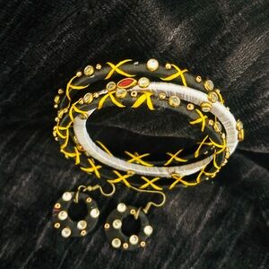 Elegant Gold and Black Bangle Set with Earrings